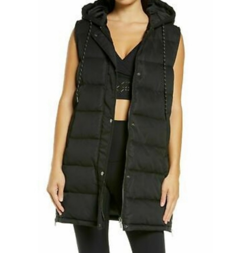 Zella Long Length Hooded Puffer Vest Front Pocket Side Zip Hem Detail Size Large